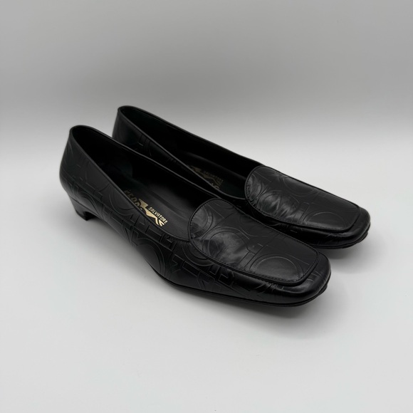 VTG Salvatore Ferragamo Black Leather Embossed Sorbet Nero PebbleSlip On Loafers - Picture 7 of 17